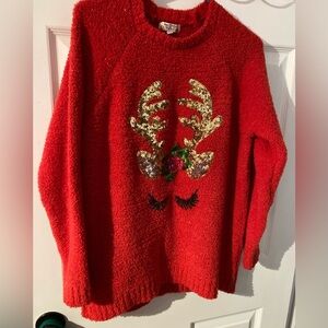Poof! Red Sweater with Gold Sequin Antlers